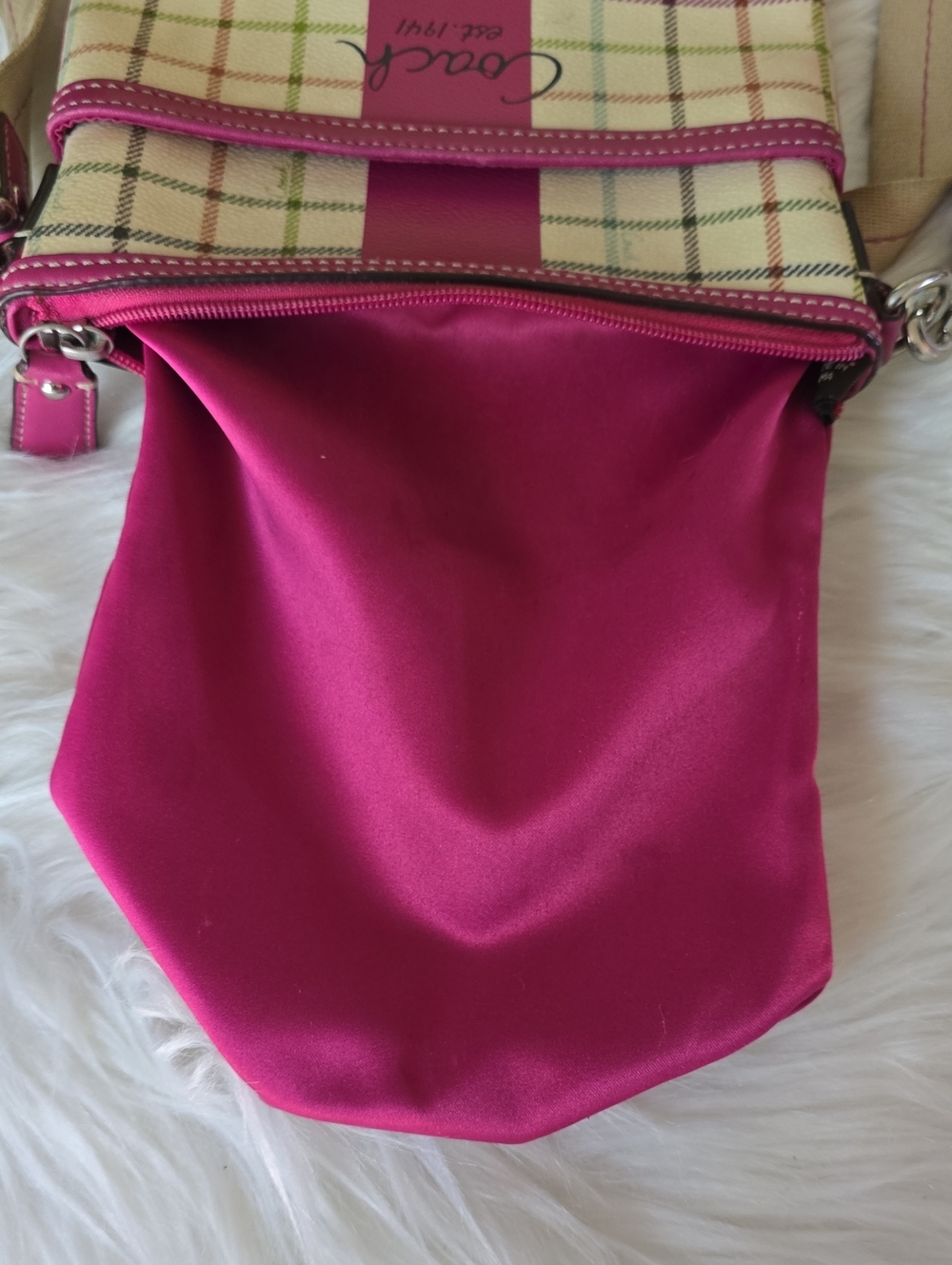 Coach Tattersall Cream Plaid Crossbody Bag with Pink Trim - Picture 9 of 13